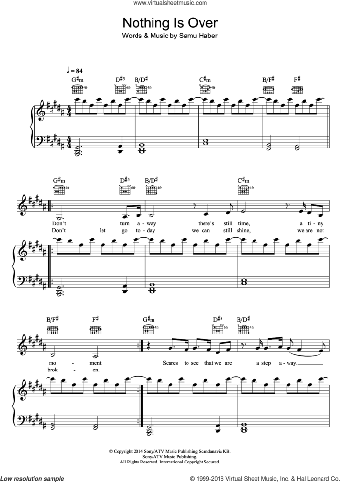 Nothing Is Over sheet music for voice, piano or guitar by Sunrise Avenue and Samu Haber, intermediate skill level