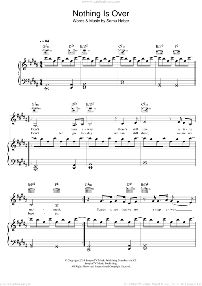 Nothing Is Over sheet music for voice, piano or guitar by Sunrise Avenue and Samu Haber, intermediate skill level