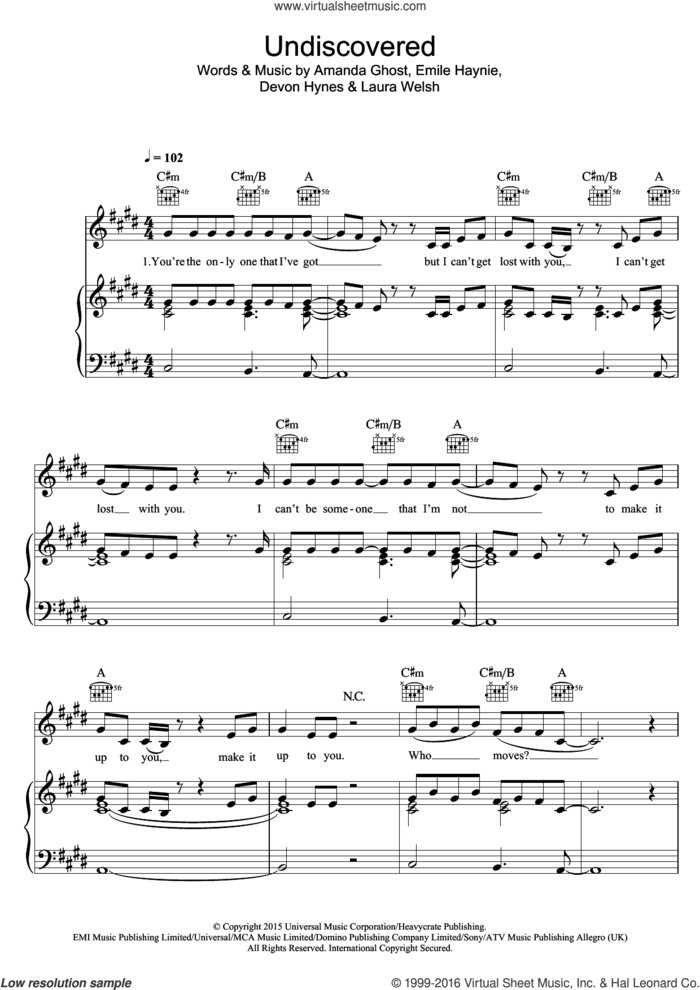 Undiscovered (from 'Fifty Shades Of Grey') sheet music for voice, piano or guitar by Laura Welsh, Amanda Ghost, Devon Hynes and Emile Haynie, intermediate skill level