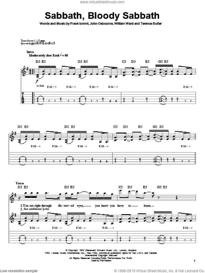 Sabbath, Bloody Sabbath sheet music for guitar (tablature, play-along) by Black Sabbath, Ozzy Osbourne, Frank Iommi, John Osbourne, Terence Butler and William Ward, intermediate skill level