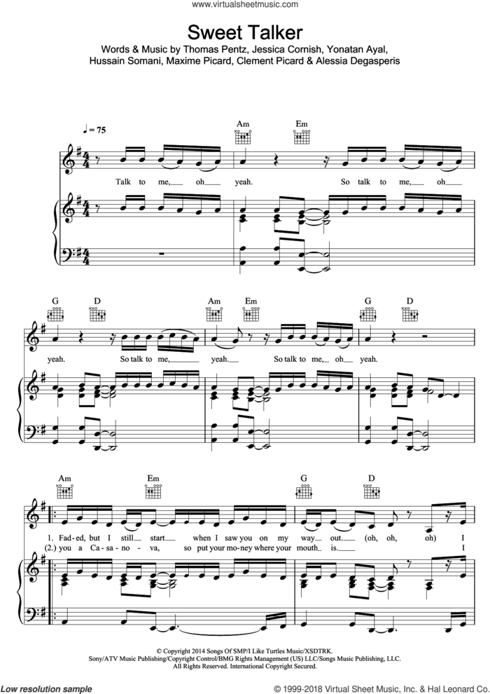 Sweet Talker sheet music for voice, piano or guitar by Jessie J, Alessia Degasperis, Clement Picard, Hussain Somani, Jessica Cornish, Maxime Picard, Thomas Wesley Pentz and Yonatan Ayal, intermediate skill level