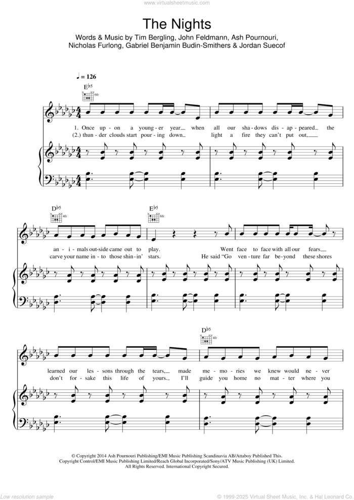 The Nights sheet music for voice, piano or guitar by Avicii, Ash Pournouri, Gabriel Benjamin Budin-Smithers, John Feldmann, Jordan Suecof, Nicholas 'RAS' Furlong and Tim Bergling, intermediate skill level