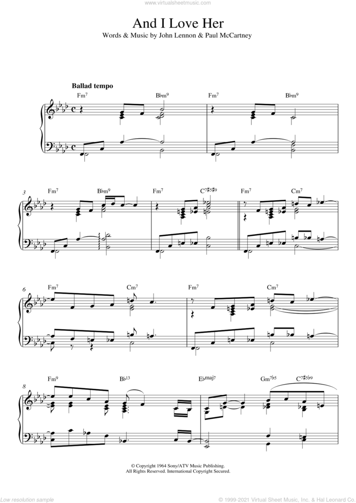 And I Love Her (jazz version) sheet music for piano solo by The Beatles, Diana Krall, John Lennon and Paul McCartney, intermediate skill level