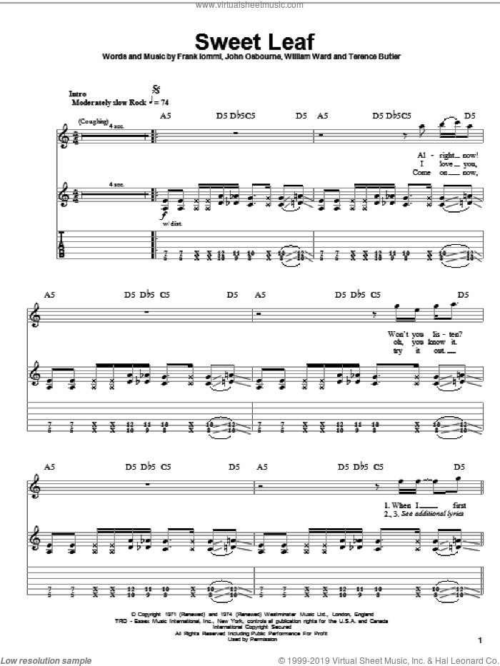 Sweet Leaf sheet music for guitar (tablature, play-along) by Black Sabbath, Ozzy Osbourne, Frank Iommi, John Osbourne, Terence Butler and William Ward, intermediate skill level