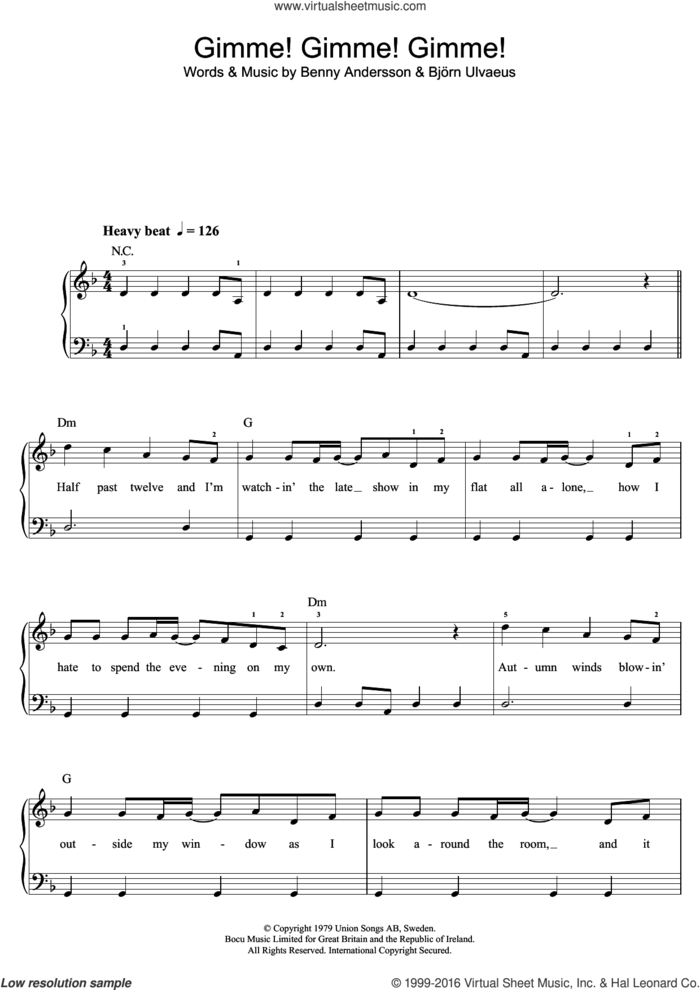 Gimme! Gimme! Gimme! (A Man After Midnight) sheet music for piano solo (beginners) by ABBA, Benny Andersson and Bjorn Ulvaeus, beginner piano (beginners)