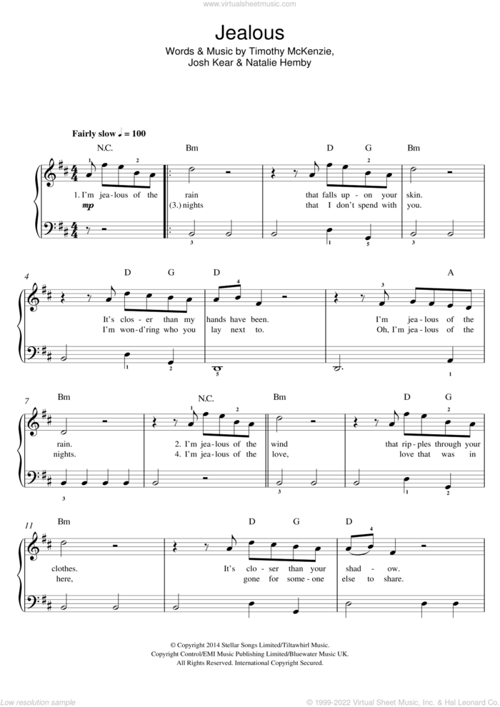 Jealous sheet music for piano solo (beginners) by Labrinth, Josh Kear, Natalie Hemby and Timothy McKenzie, beginner piano (beginners)