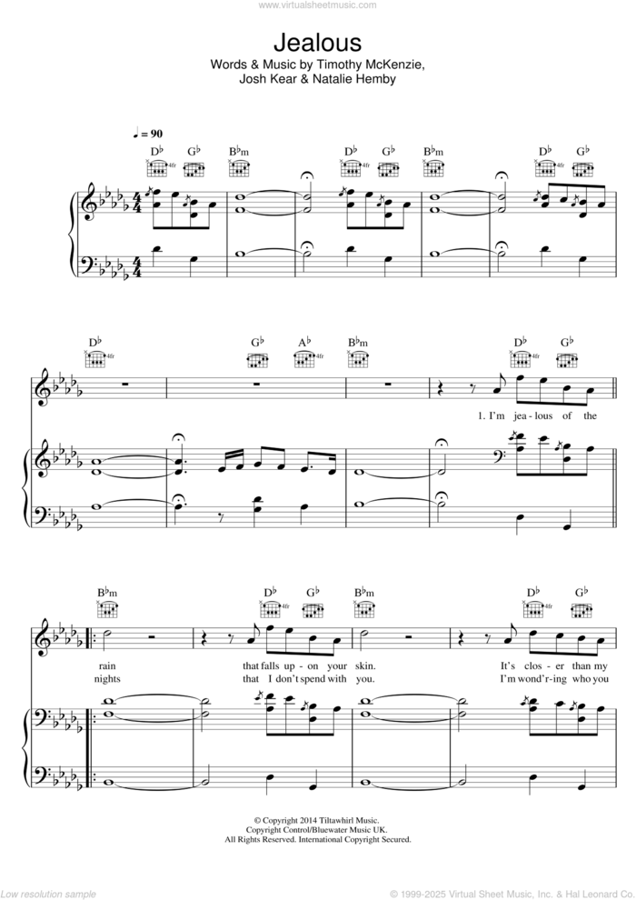 Jealous sheet music for voice, piano or guitar by Labrinth, Josh Kear, Natalie Hemby and Timothy McKenzie, intermediate skill level