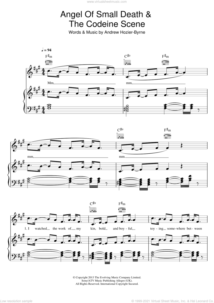 Angel Of Small Death And The Codeine Scene sheet music for voice, piano or guitar by Hozier and Andrew Hozier-Byrne, intermediate skill level