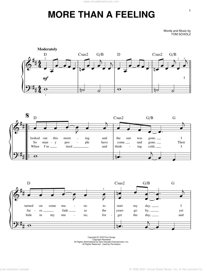 More Than A Feeling sheet music for piano solo by Boston and Tom Scholz, beginner skill level
