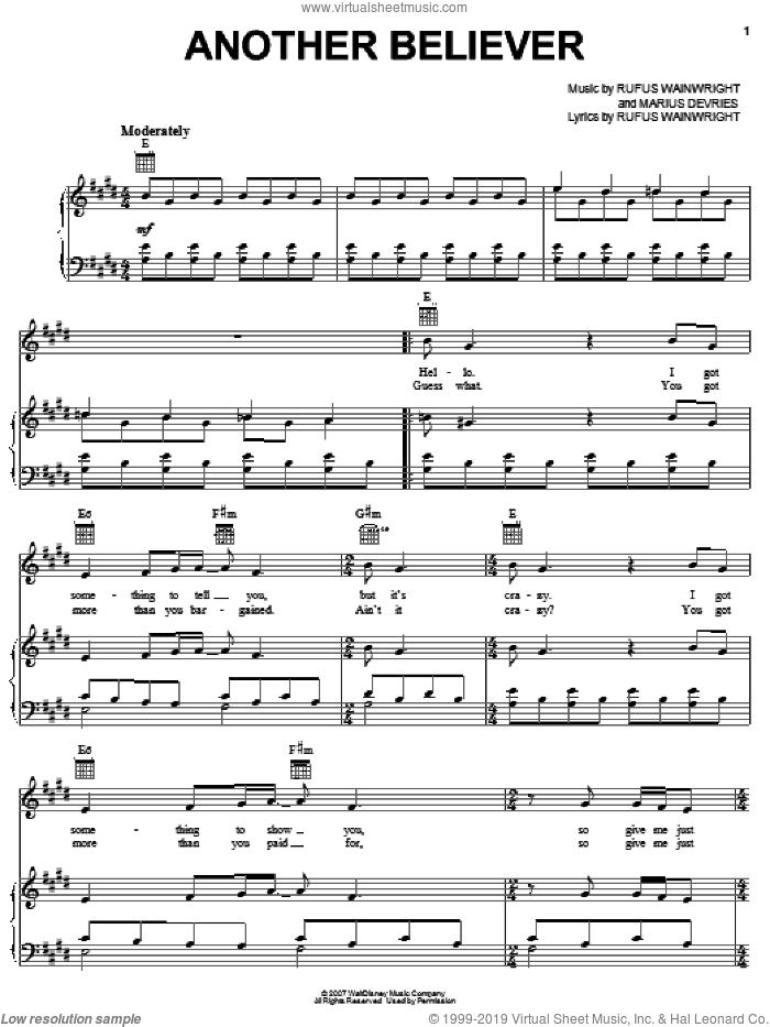 Another Believer sheet music for voice, piano or guitar by Rufus Wainwright, Meet The Robinsons (Movie) and Marius De Vries, intermediate skill level