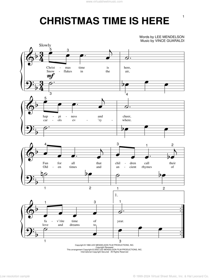 Christmas Time Is Here sheet music for piano solo by Vince Guaraldi and Lee Mendelson, beginner skill level