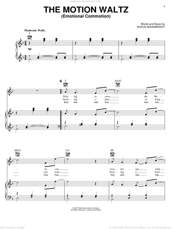 The Motion Waltz (Emotional Commotion) sheet music for voice, piano or guitar by Rufus Wainwright and Meet The Robinsons (Movie), intermediate skill level