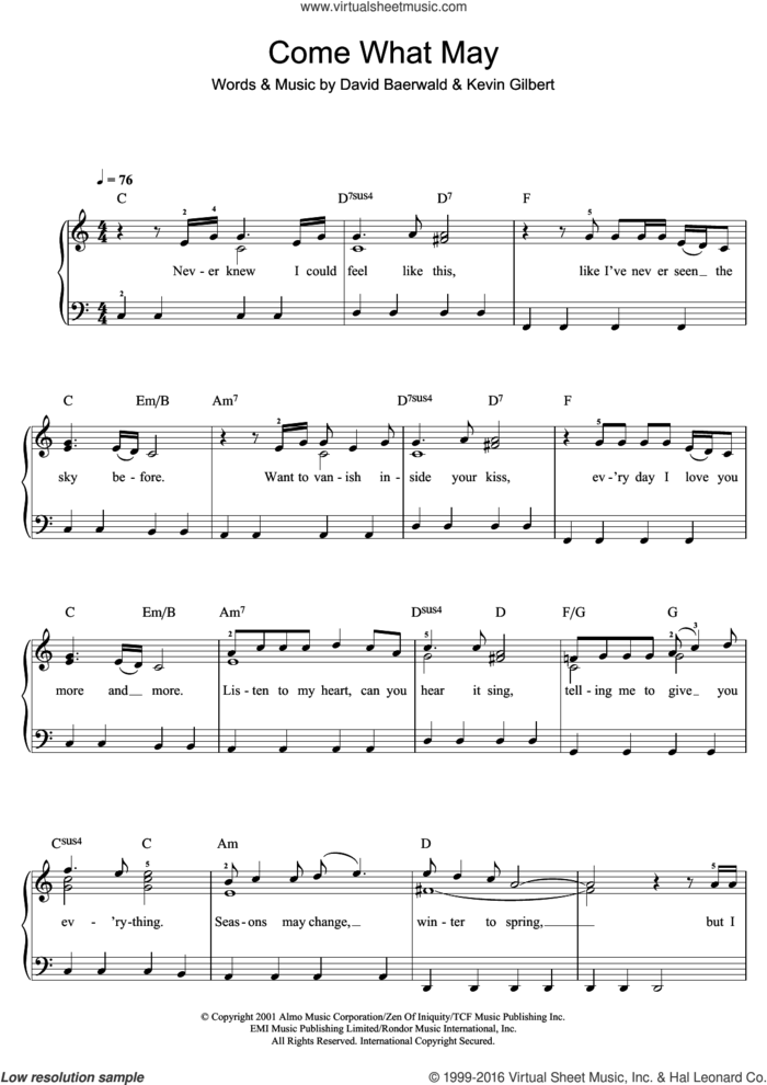 Come What May (from Moulin Rouge) sheet music for piano solo (beginners) by Nicole Kidman, Ewan McGregor, Nicole Kidman & Ewan McGregor, David Baerwald and Kevin Gilbert, beginner piano (beginners)