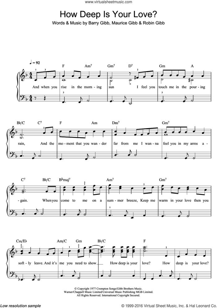 How Deep Is Your Love sheet music for piano solo (beginners) by Bee Gees, Barry Gibb, Maurice Gibb and Robin Gibb, beginner piano (beginners)