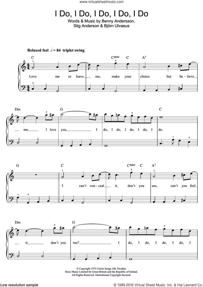 I Do, I Do, I Do, I Do, I Do sheet music for piano solo (beginners) by ABBA, Benny Andersson, Bjorn Ulvaeus and Stig Anderson, beginner piano (beginners)