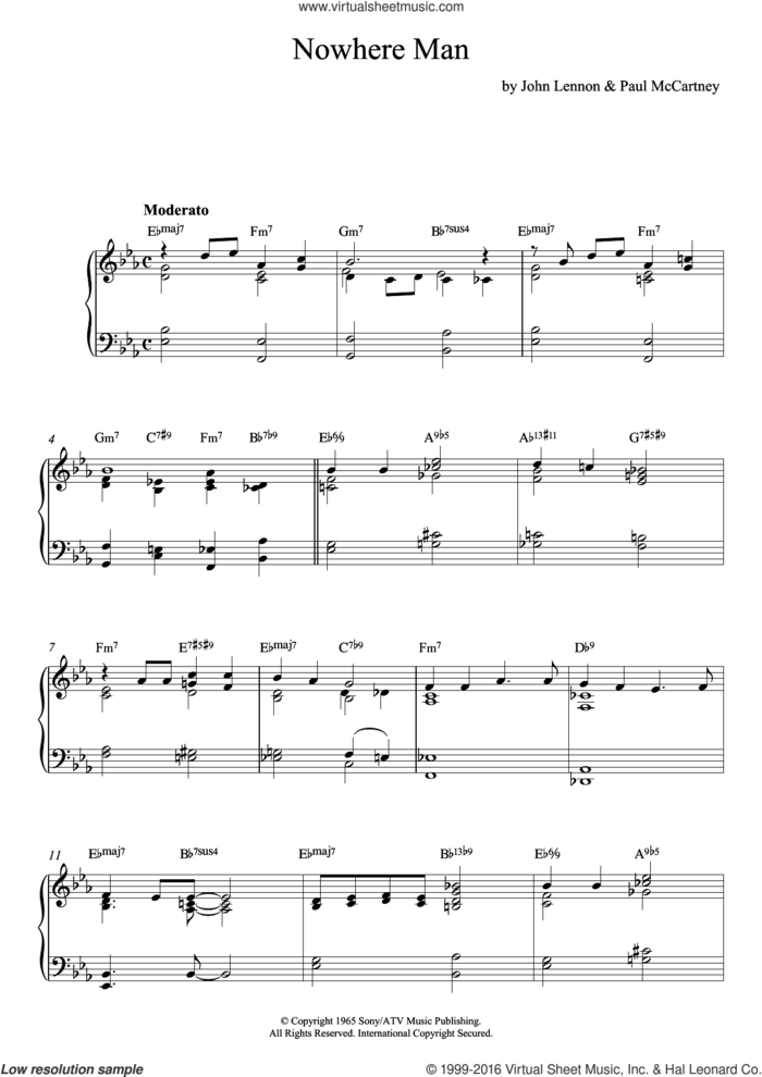 Nowhere Man (jazz version) sheet music for piano solo by The Beatles, John Lennon and Paul McCartney, intermediate skill level