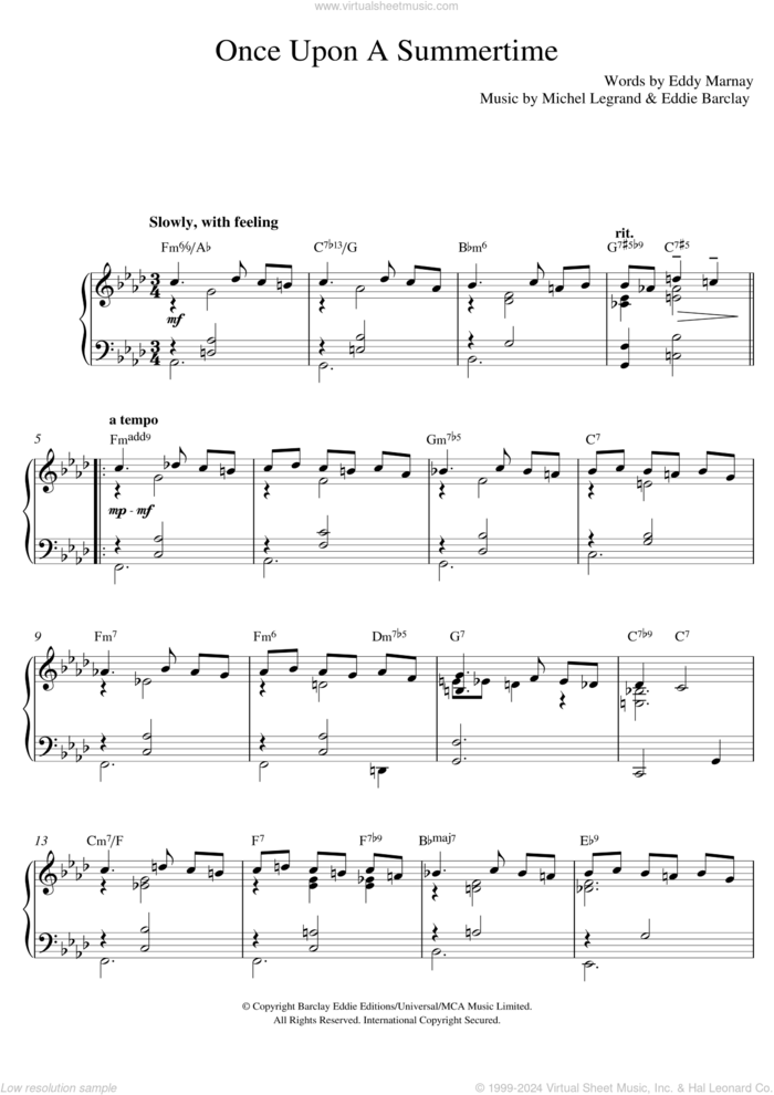 Once Upon A Summertime sheet music for piano solo by Michel LeGrand, Johnny Mercer, Eddie Barclay and Eddy Marnay, intermediate skill level