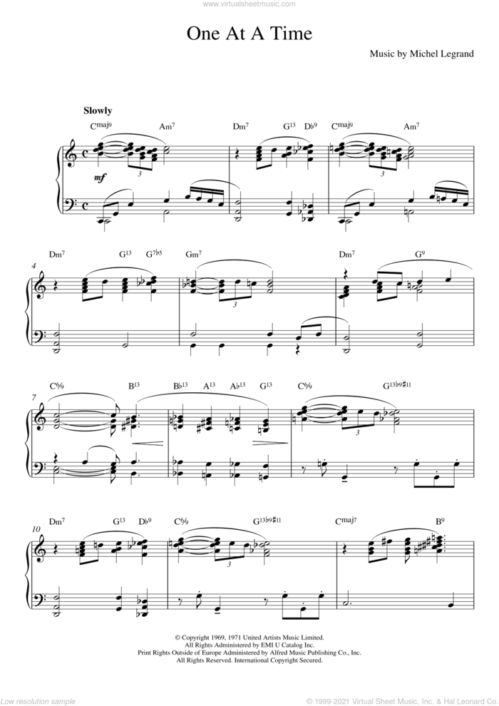 One At A Time sheet music for piano solo by Michel LeGrand, Alan Bergman and Marilyn Bergman, intermediate skill level