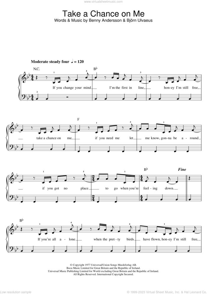 Take A Chance On Me sheet music for piano solo (beginners) by ABBA, Benny Andersson and Bjorn Ulvaeus, beginner piano (beginners)