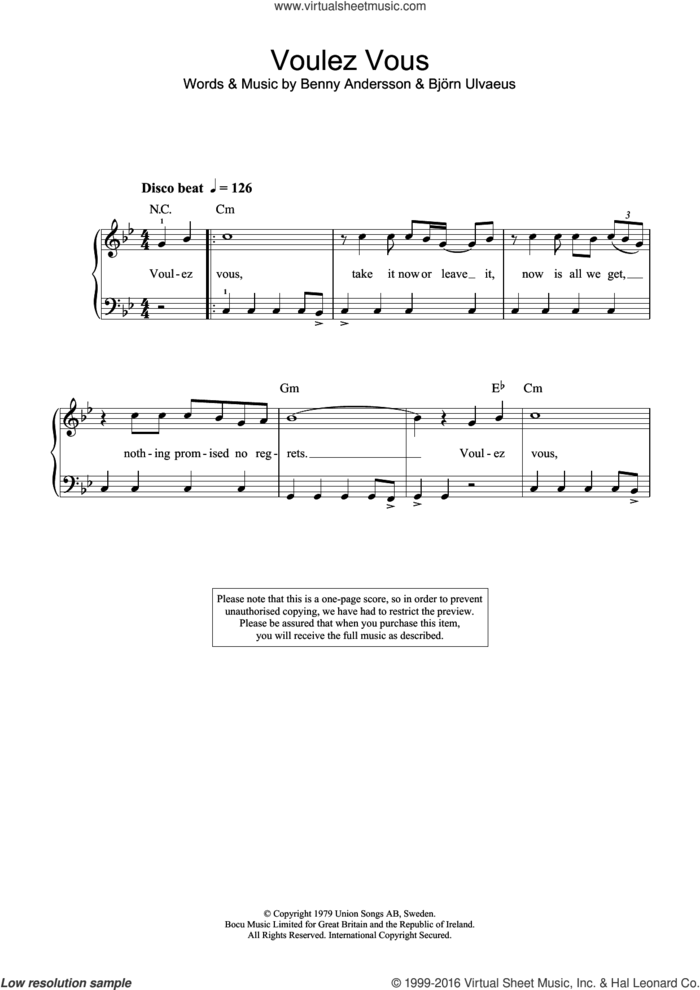Voulez-Vous sheet music for piano solo (beginners) by ABBA, Benny Andersson and Bjorn Ulvaeus, beginner piano (beginners)