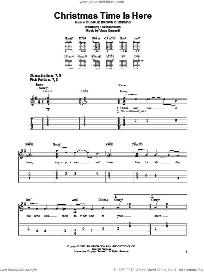 Christmas Time Is Here sheet music for guitar solo (chords) by Vince Guaraldi and Lee Mendelson, easy guitar (chords)