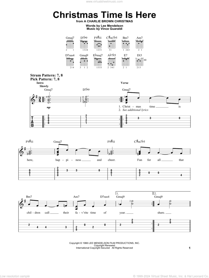 Christmas Time Is Here sheet music for guitar solo (chords) by Vince Guaraldi and Lee Mendelson, easy guitar (chords)