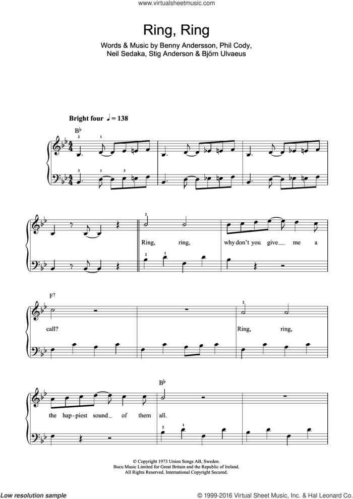 Ring, Ring sheet music for piano solo (beginners) by ABBA, Benny Andersson, Bjorn Ulvaeus, Neil Sedaka, Phil Cody and Stig Anderson, beginner piano (beginners)