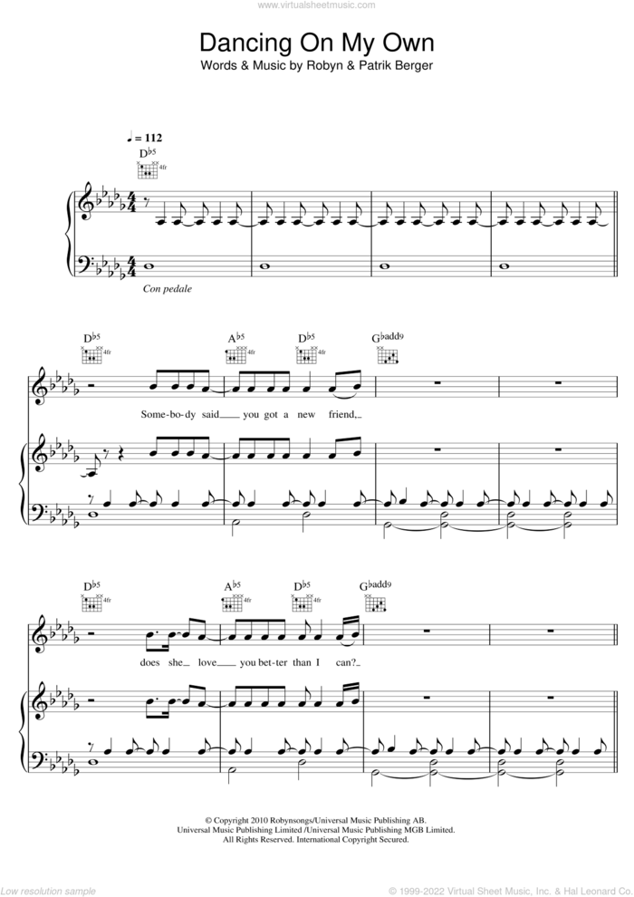 Dancing On My Own sheet music for voice, piano or guitar by Calum Scott, Patrik Berger and Robyn, intermediate skill level