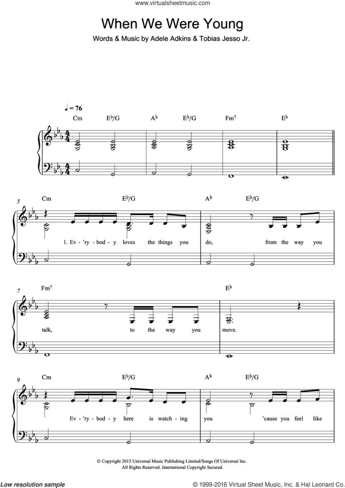 When We Were Young sheet music for piano solo by Adele, Adele Adkins and Tobias Jesso, easy skill level