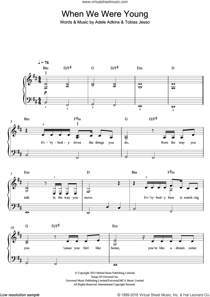 When We Were Young sheet music for piano solo (beginners) by Adele, Adele Adkins and Tobias Jesso, beginner piano (beginners)