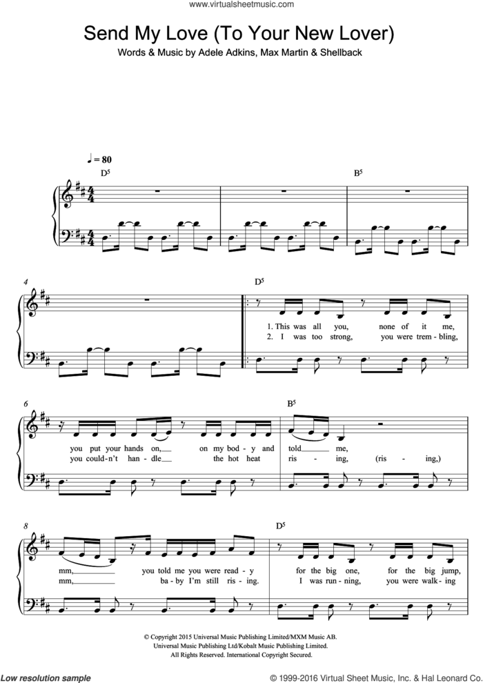 Send My Love (To Your New Lover) sheet music for piano solo by Adele, Adele Adkins, Max Martin and Shellback, easy skill level