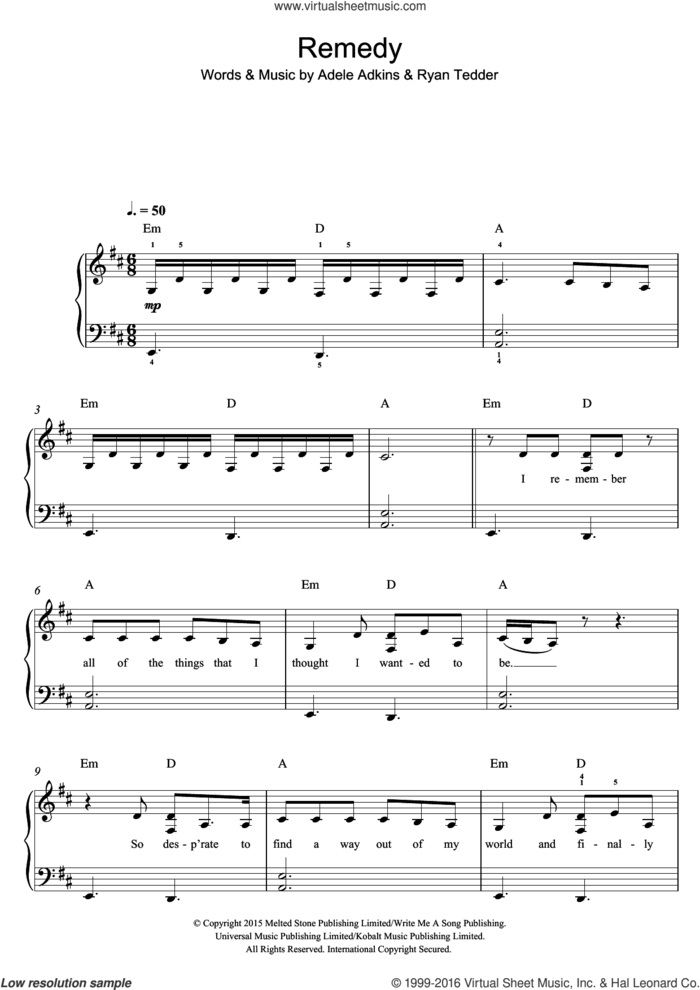 Remedy sheet music for piano solo (beginners) by Adele, Adele Adkins and Ryan Tedder, beginner piano (beginners)