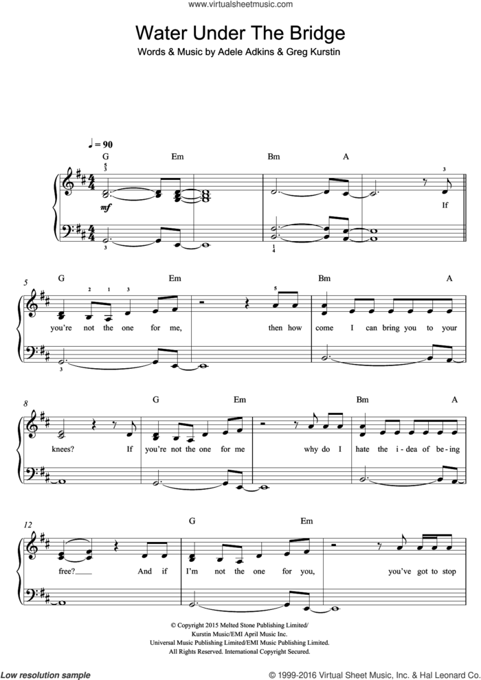 Water Under The Bridge sheet music for piano solo (beginners) by Adele, Adele Adkins and Greg Kurstin, beginner piano (beginners)