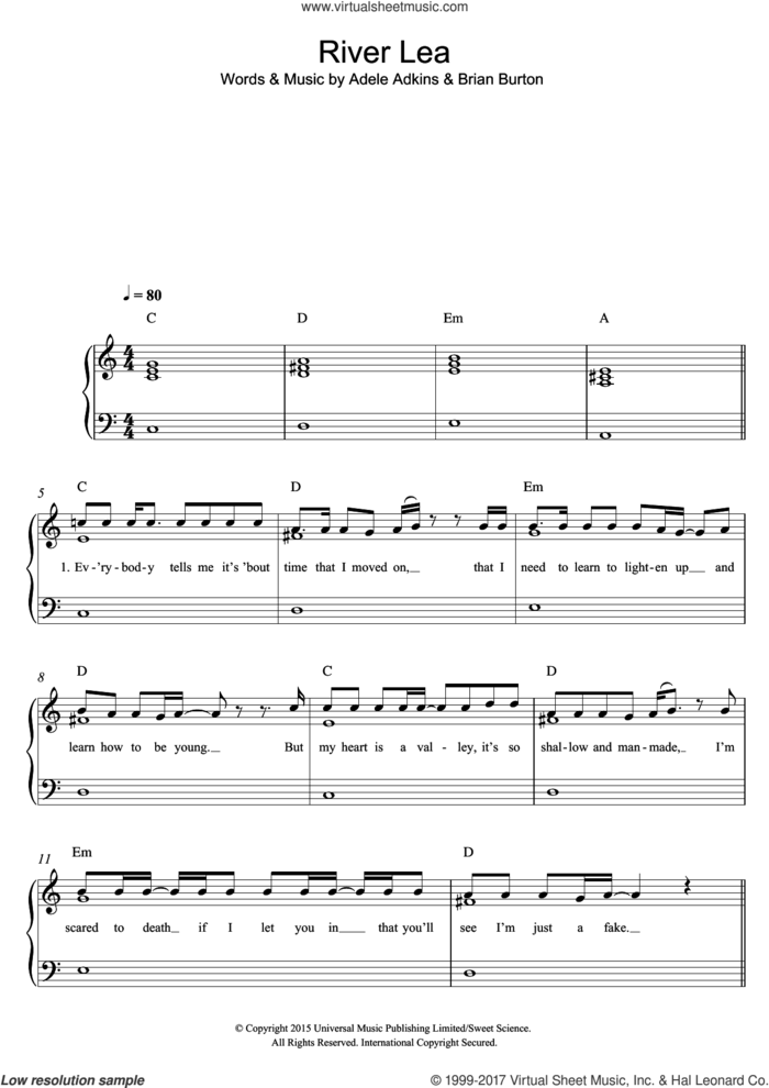 River Lea sheet music for piano solo by Adele, Adele Adkins and Brian Burton, easy skill level