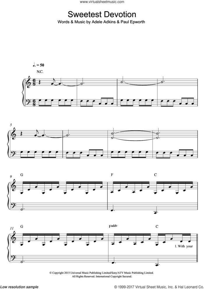 Sweetest Devotion sheet music for piano solo by Adele, Adele Adkins and Paul Epworth, easy skill level