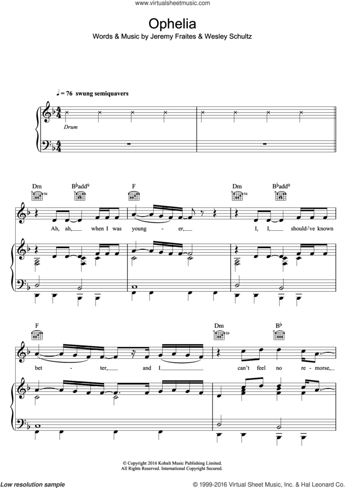 Ophelia sheet music for voice, piano or guitar by The Lumineers, Jeremy Fraites and Wesley Schultz, intermediate skill level