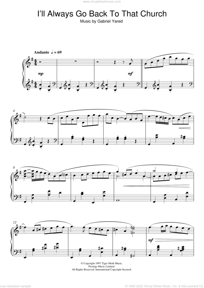 I'll Always Go Back To That Church sheet music for piano solo by Gabriel Yared, intermediate skill level