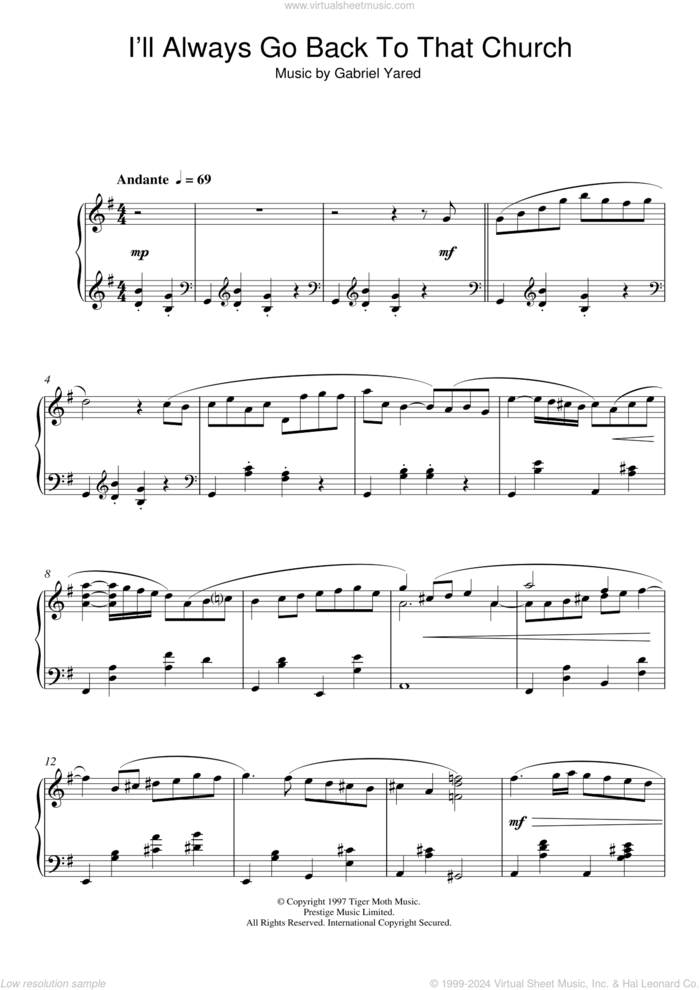 I'll Always Go Back To That Church sheet music for piano solo by Gabriel Yared, intermediate skill level