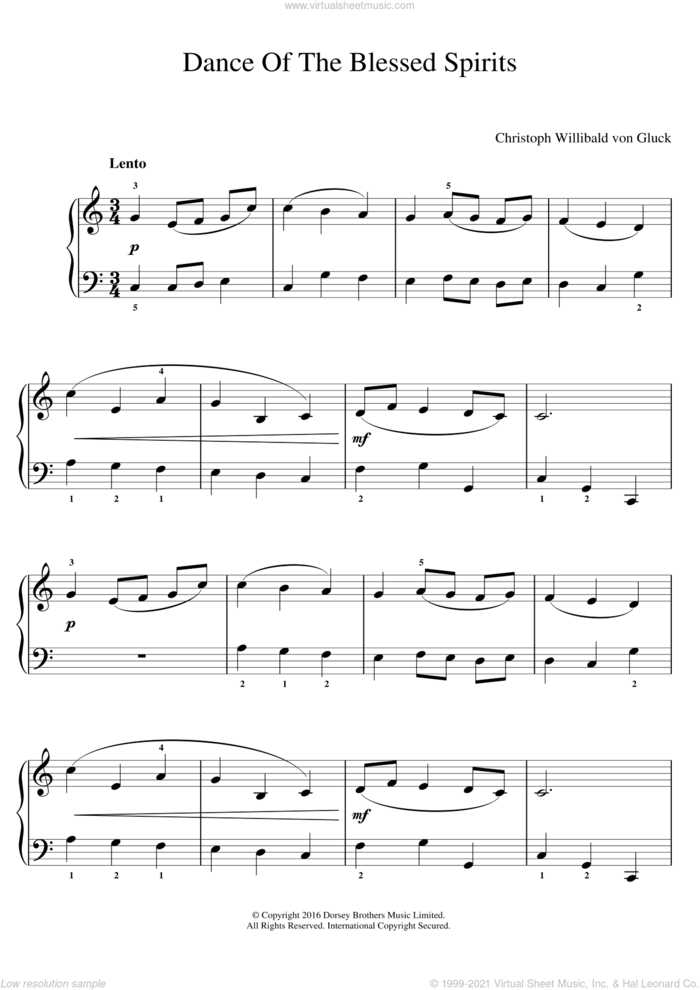 Dance Of The Blessed Spirits (from Orfeo ed Euridice), (easy) sheet music for piano solo by Christoph Willibald Gluck, classical score, easy skill level