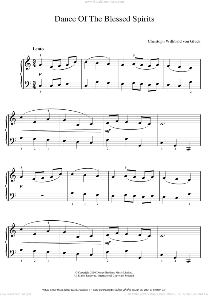 Dance Of The Blessed Spirits (from Orfeo ed Euridice), (easy) sheet music for piano solo by Christoph Willibald Gluck, classical score, easy skill level