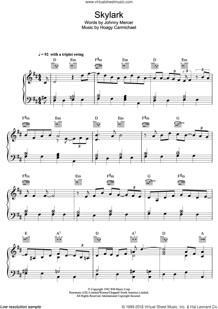 Skylark sheet music for voice, piano or guitar by Bob Dylan, Hoagy Carmichael and Johnny Mercer, intermediate skill level