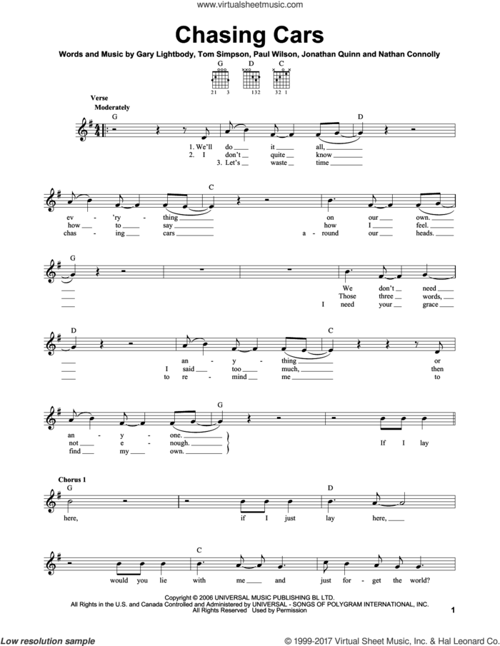 Chasing Cars sheet music for guitar solo (chords) by Snow Patrol, Gary Lightbody, Jonathan Quinn, Nathan Connolly, Paul Wilson and Tom Simpson, wedding score, easy guitar (chords)