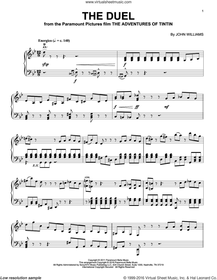 The Duel sheet music for piano solo by John Williams, intermediate skill level