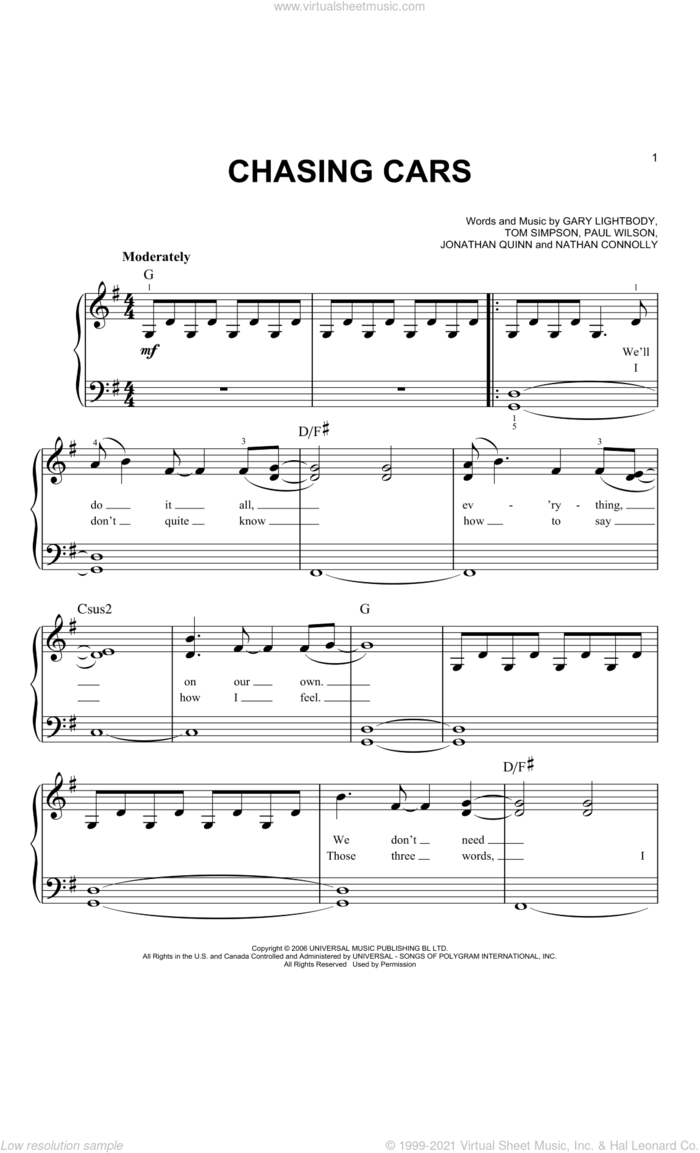 Chasing Cars, (easy) sheet music for piano solo by Snow Patrol, Gary Lightbody, Jonathan Quinn, Nathan Connolly, Paul Wilson and Tom Simpson, wedding score, easy skill level