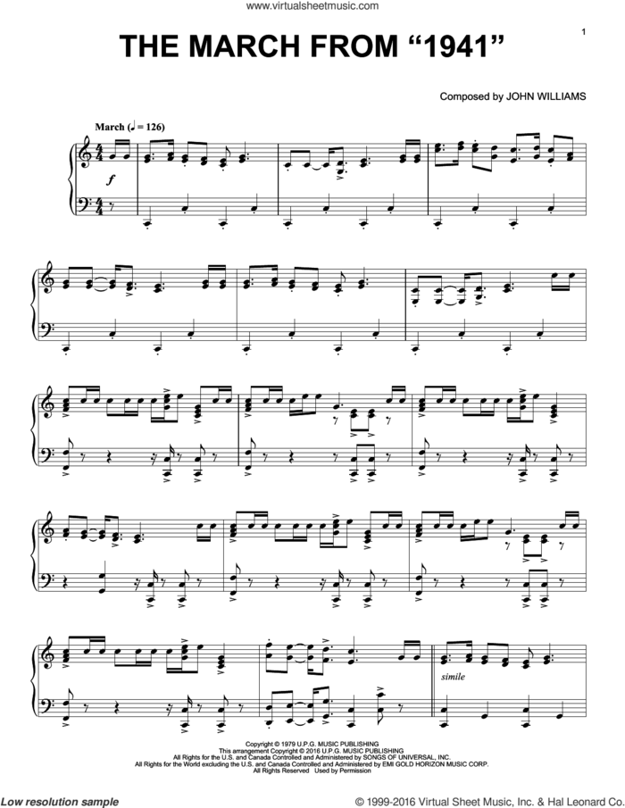 The March From '1941' sheet music for piano solo by John Williams, intermediate skill level