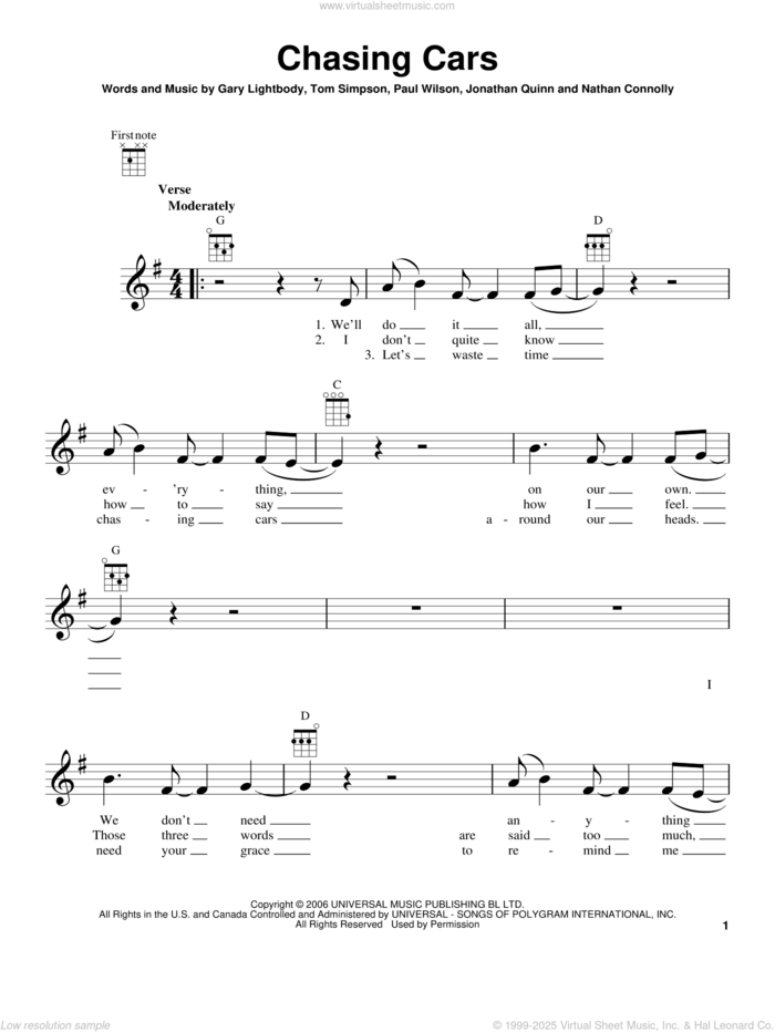 Chasing Cars sheet music for ukulele by Snow Patrol, Gary Lightbody, Jonathan Quinn, Nathan Connolly, Paul Wilson and Tom Simpson, wedding score, intermediate skill level