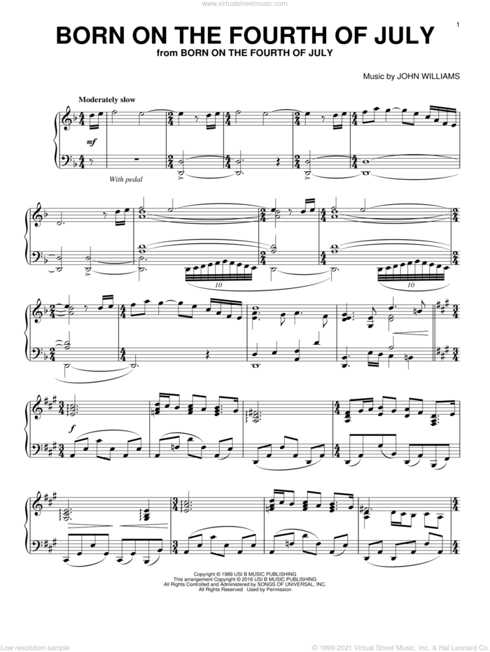 Born On The Fourth Of July, (intermediate) sheet music for piano solo by John Williams, intermediate skill level