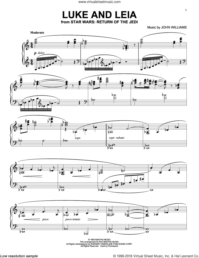 Luke And Leia (from Star Wars: Return of the Jedi) sheet music for piano solo by John Williams, intermediate skill level
