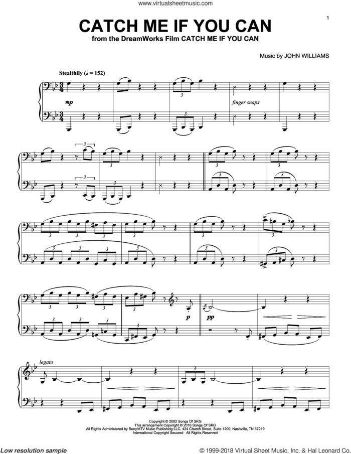 Catch Me If You Can, (intermediate) sheet music for piano solo by John Williams, intermediate skill level