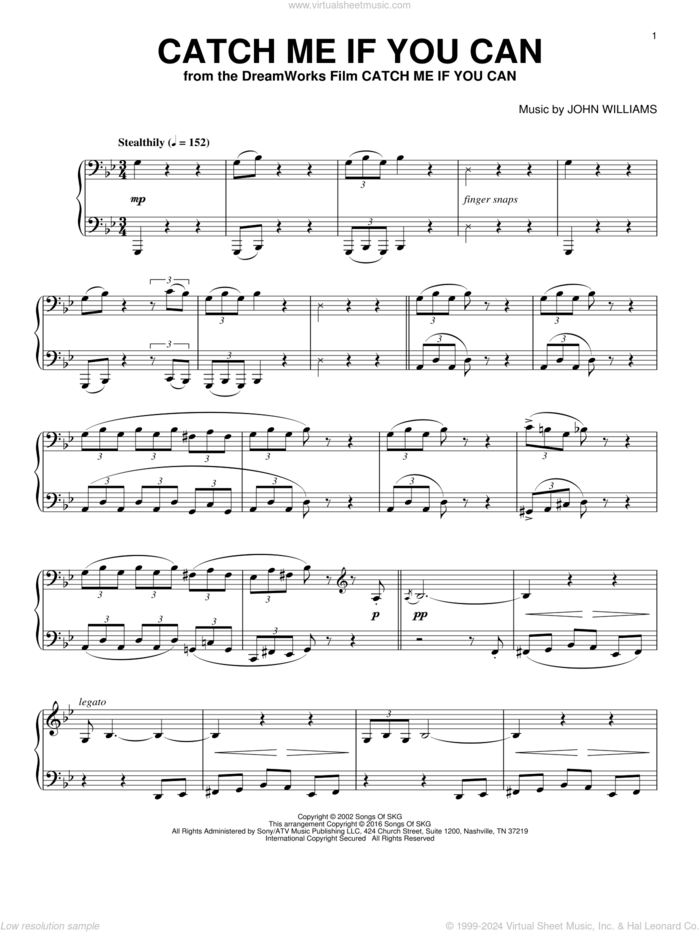 Catch Me If You Can, (intermediate) sheet music for piano solo by John Williams, intermediate skill level